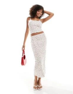 Pull&Bear Bow Front Cami And Midi Skirt Co-ord In Red Floral