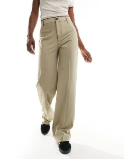 Pull&Bear High Waisted Tailored Trousers In Dark Beige For Women