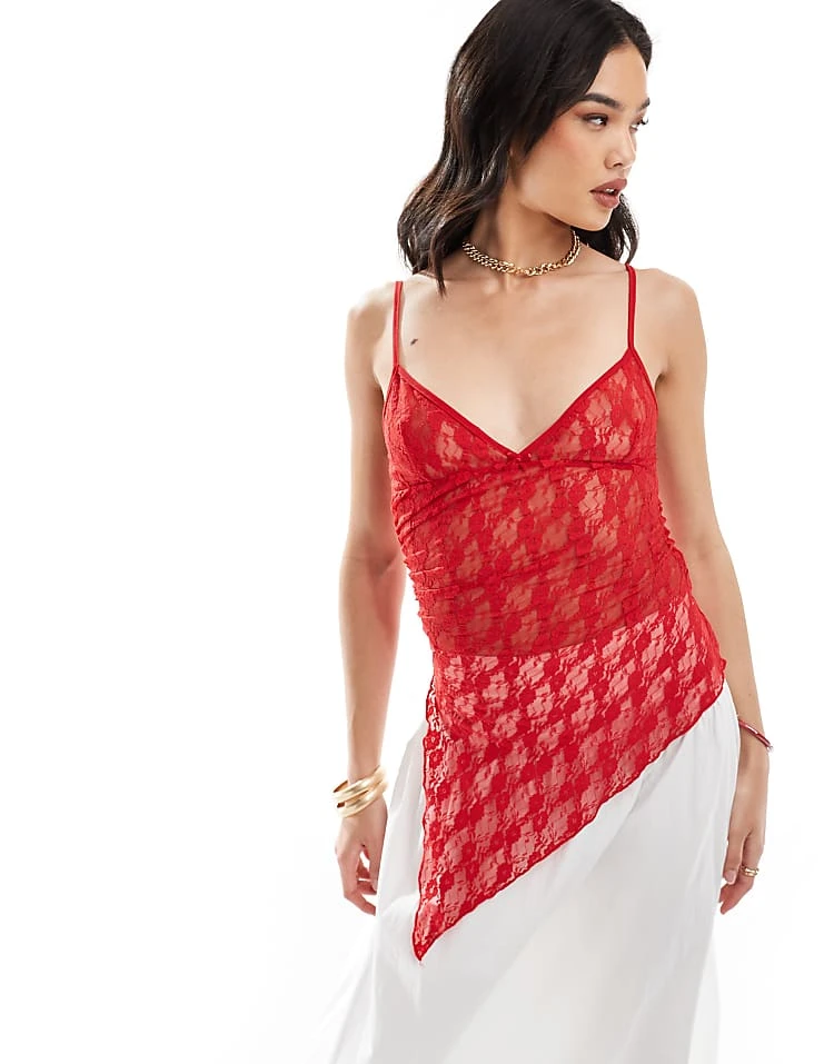 Pull&Bear Lace Strappy Cami With Asymmetric Hem In Red For Women