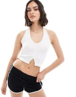 Pull&Bear Ribbed Halterneck Top In White For Women