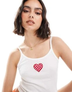Pull&Bear Gingham Heart Graphic Cami In White For Women