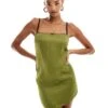 Pull&Bear Bow Detail Strappy Satin Mini Dress In Olive Green For Women