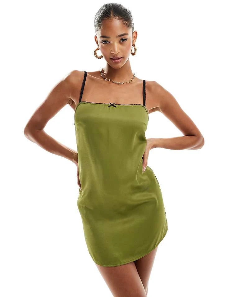 Pull&Bear Bow Detail Strappy Satin Mini Dress In Olive Green For Women