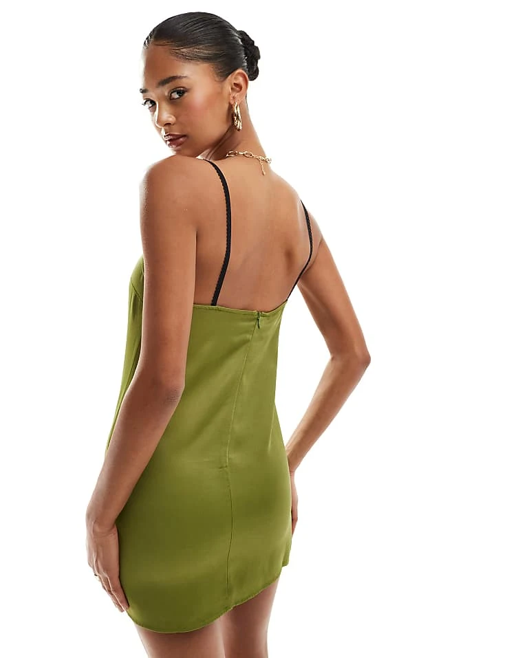 Pull&Bear Bow Detail Strappy Satin Mini Dress In Olive Green For Women - Image 3