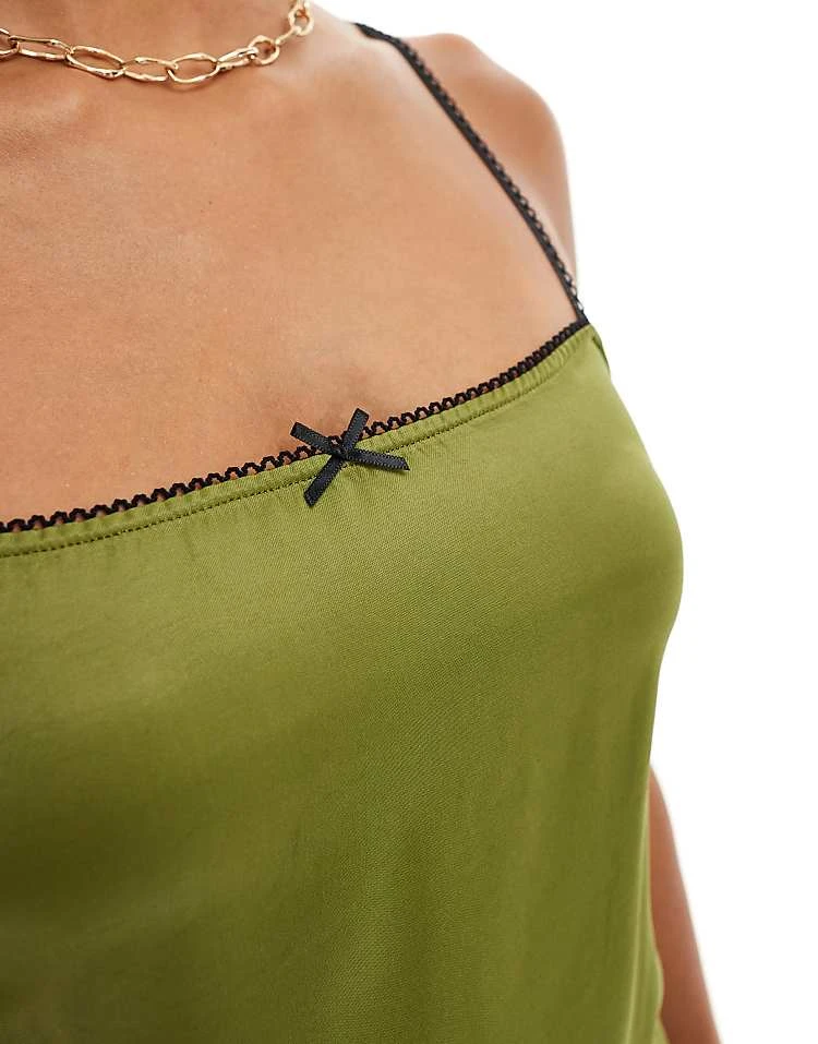 Pull&Bear Bow Detail Strappy Satin Mini Dress In Olive Green For Women - Image 4