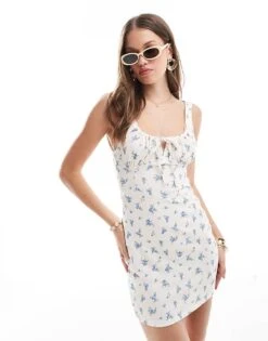 Pull&Bear Milkmaid Style Mini Dress In White Floral For Women