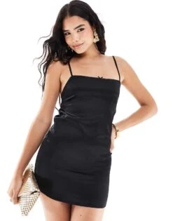 Pull&Bear Bow Detail Strappy Satin Mini Dress In Black For Women