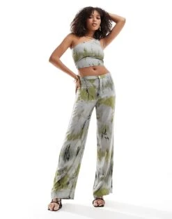 Pull&Bear Crop Top And Trouser Co-ord In Brown Tie Dye Print