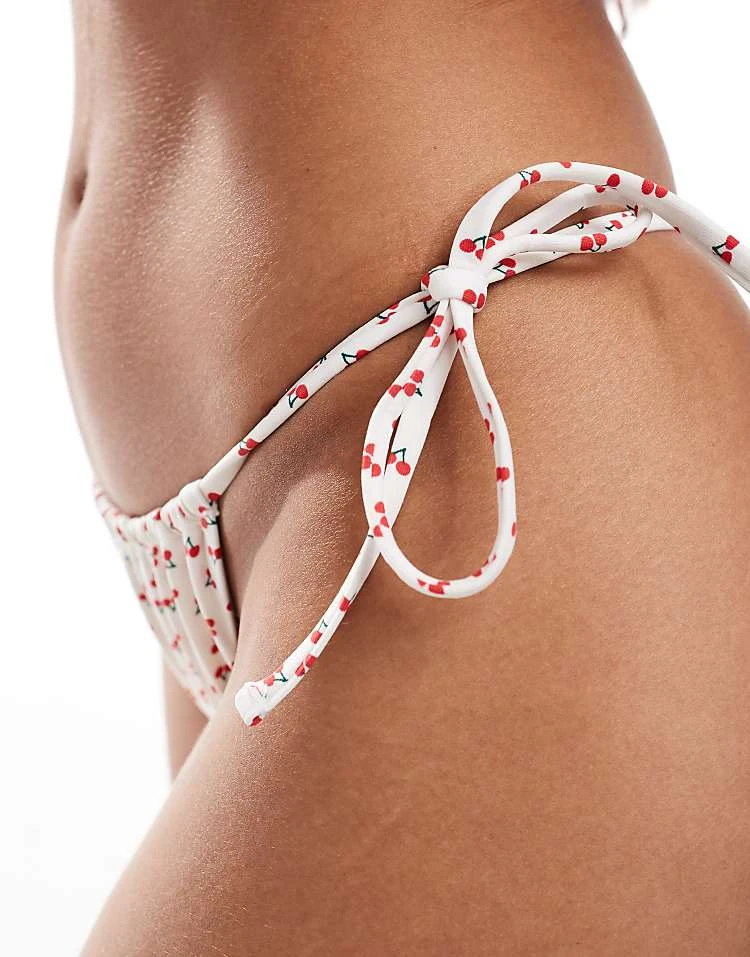 Pull&Bear Cherry Print Tie Side Bikini Bottom In White For Women - Image 4