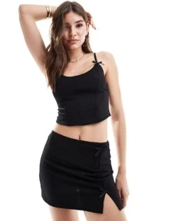 Pull&Bear Bow Trim Top And Mini Skirt Co-ord In Black