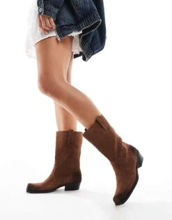Pull&bear Suede Mid Calf Boots In Brown For Women