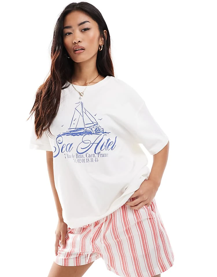 Pull&Bear Nautical Graphic T-shirt In Ecru For Women - Image 5