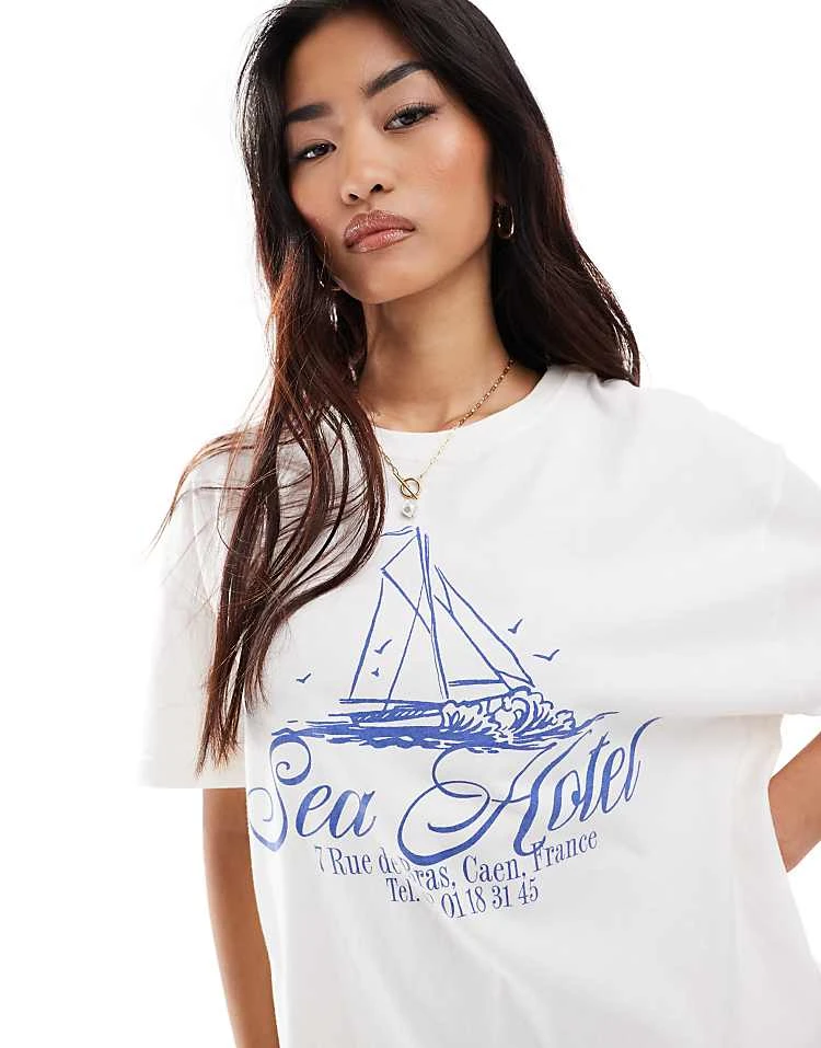 Pull&Bear Nautical Graphic T-shirt In Ecru For Women - Image 2