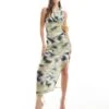 Pull&Bear Cowl Neck Low Back Maxi Dress In Blue Blur Print For Women