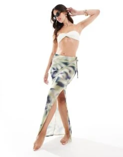 Pull&Bear Mesh Side Tie Beach Maxi Skirt In Blue Blur Print For Women