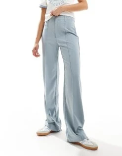Pull&Bear High Waisted Tailored Straight Leg Trouser In Pale Blue Grey For Women