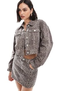 Pull&Bear Denim Jacket And Skirt Co-ord In Leopard Print