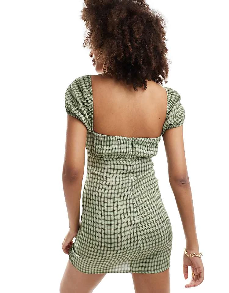 Pull&Bear Milkmaid Style Mini Dress In Green Check For Women - Image 3