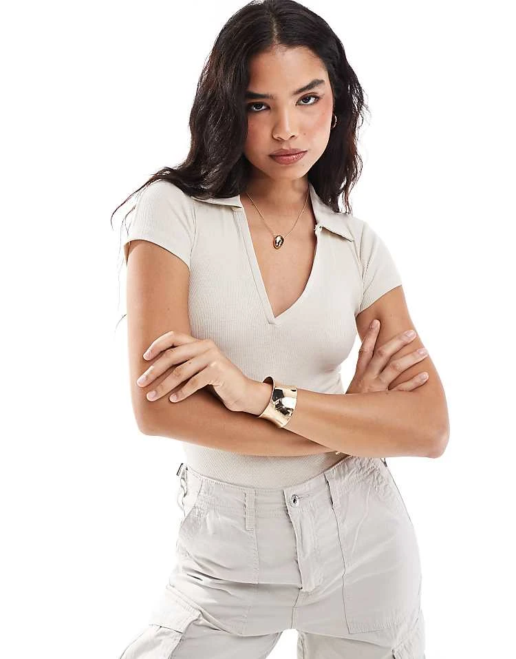 Pull&Bear Ribbed Polo Neck Collar Bodysuit In Ecru For Women