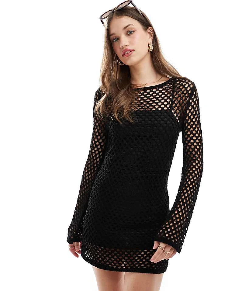 Pull&Bear Knitted Crochet Mini Dress In Black For Women