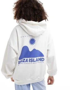 Pull&Bear Ibiza Graphic Oversized Hoodie In White For Women