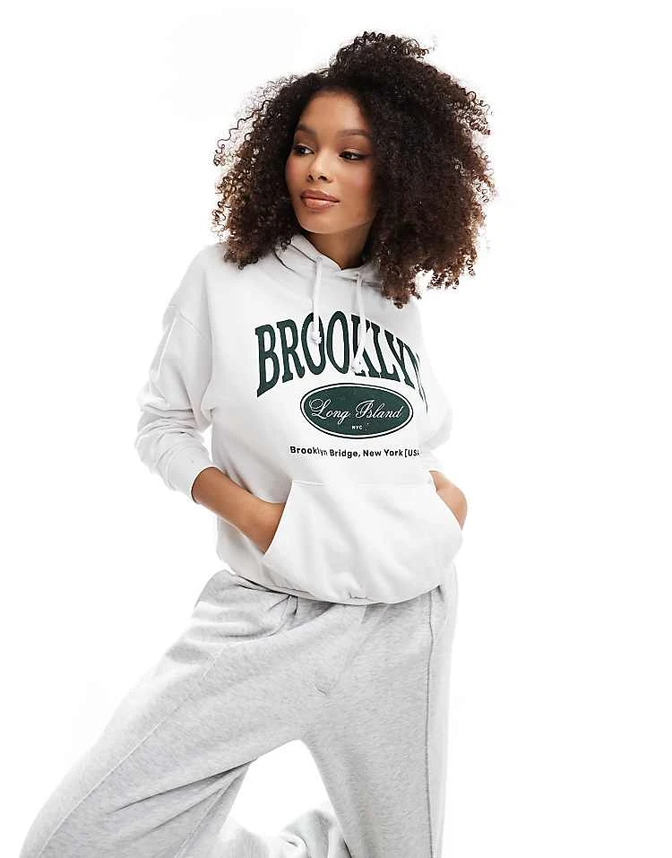 Pull&Bear New York Graphic Oversized Hoodie In White For Women - Image 5