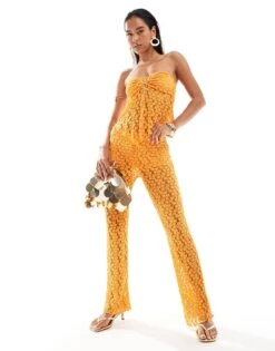 Pull&Bear Crochet Bandeau And Trouser Co-ord In Orange