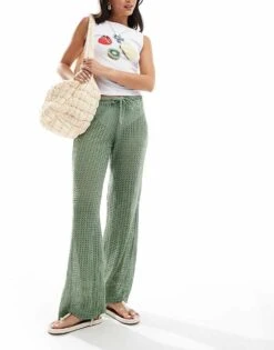 Pull&Bear Crochet Beach Trousers In Green For Women