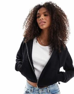 Pull&Bear Cropped Drawstring Hoodie In Black For Women