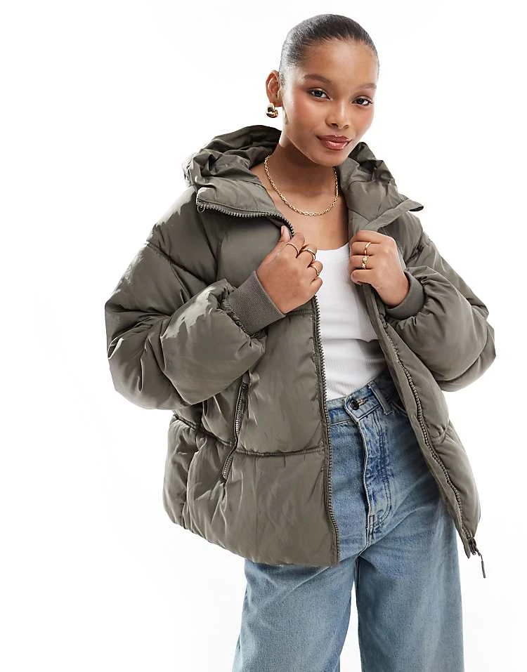 Pull&Bear Padded Puffer Jacket With Hood In Taupe Grey For Women