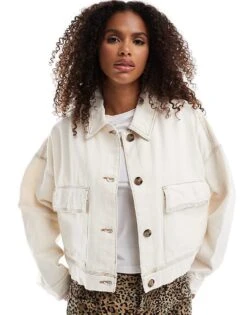 Pull&Bear Contrast Stitch Cotton Jacket In White For Women