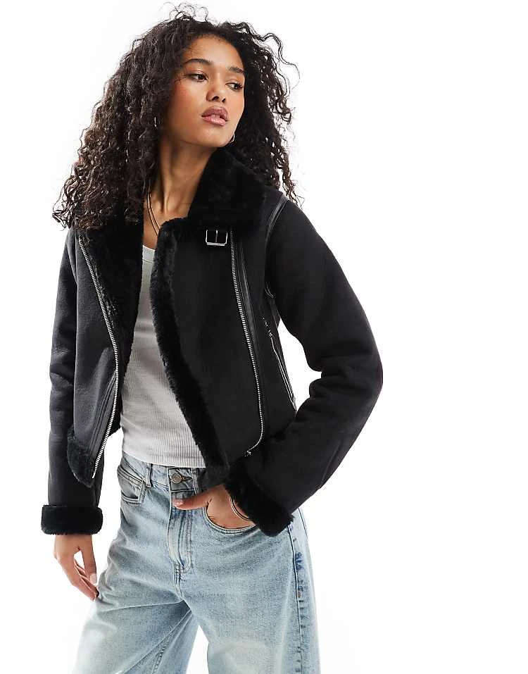 Pull&Bear Faux Fur Trim Aviator Jacket In Black For Women - Image 5