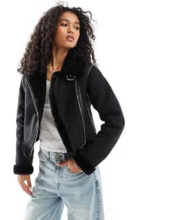 Pull&Bear Faux Fur Trim Aviator Jacket In Black For Women