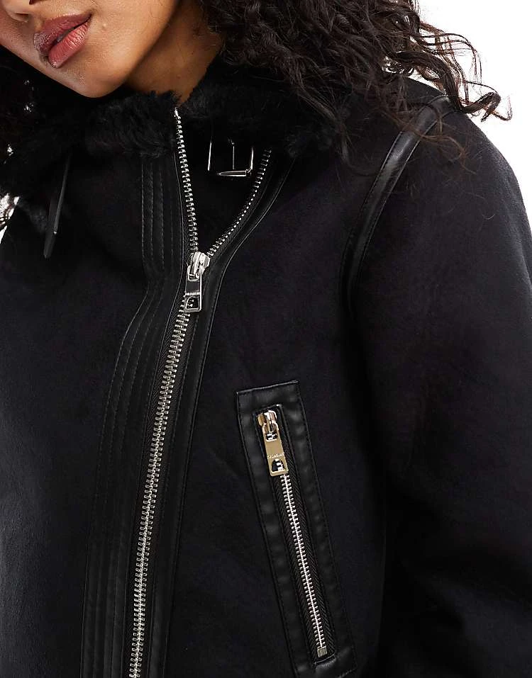Pull&Bear Faux Fur Trim Aviator Jacket In Black For Women - Image 2