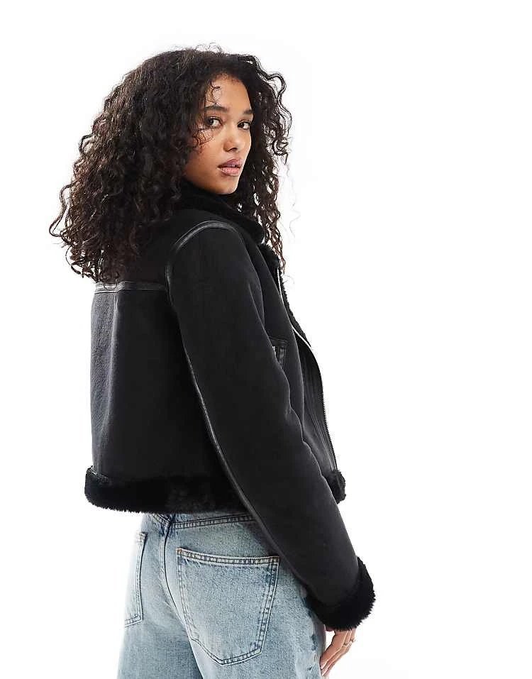 Pull&Bear Faux Fur Trim Aviator Jacket In Black For Women - Image 4