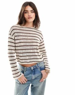 Pull&Bear Fine Knit Jumper In Brown Stripe For Women