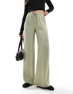 Pull&Bear Satin Wide Leg Trousers In Khaki For Women
