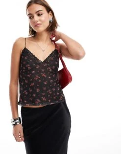 Pull&Bear Lace Trim Mesh Cami In Black Floral Print For Women