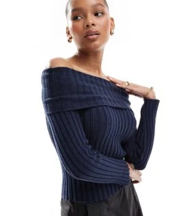 Pull&Bear Bardot Ribbed Knit Top In Blue For Women