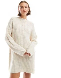 Pull&Bear Knitted Jumper Mini Dress In Ecru For Women