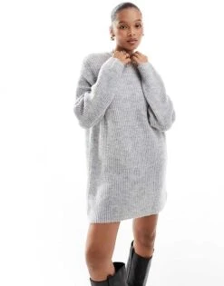 Pull&Bear Knitted Jumper Mini Dress In Light Grey For Women