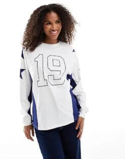 Pull&Bear Oversized Sporty Print Long Sleeve T-shirt In Ecru For Women