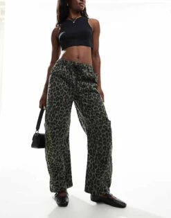 Pull&Bear Slouchy Wide Leg Jean In Khaki Leopard Print For Women
