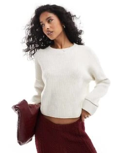 Pull&Bear Ribbed Knitted Jumper In Ecru For Women