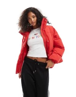 Pull&Bear Padded Puffer Jacket In Deep Red For Women