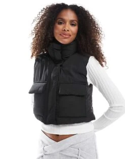 Pull&Bear Cropped Padded Nylon Gilet In Black For Women