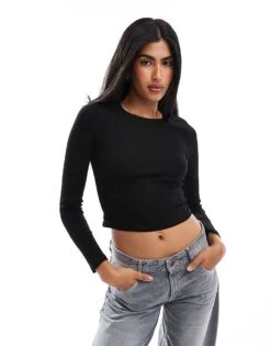 Pull&Bear Long Sleeve T-shirt In Black For Women
