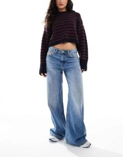 Pull&Bear Low Rise Oversized Baggy Jeans In Mid Blue For Women