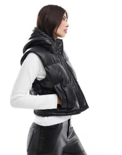 Pull&Bear Padded Faux Leather Gilet With Hood In Black For Women