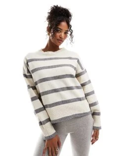 Pull&Bear Chenille Knitted Jumper In White And Grey Stripe For Women